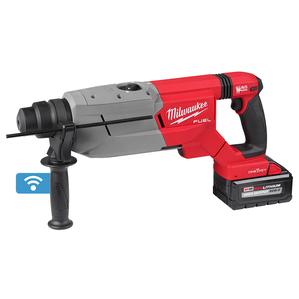 Milwaukee M18 FUEL SDS Plus D-Handle rotary hammer shown with side handle installed, SDS Plus bit inserted, M18 REDLITHIUM HIGH OUTPUT XC6.0 battery attached, and visible ONE-KEY icon on a white background.