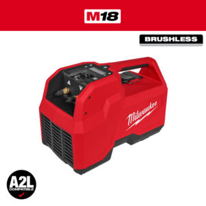 Milwaukee M18 brushless cordless refrigerant recovery machine with integrated carry handle, digital control panel, brass service ports, and A2L compatible badge on red housing, isolated on white background.