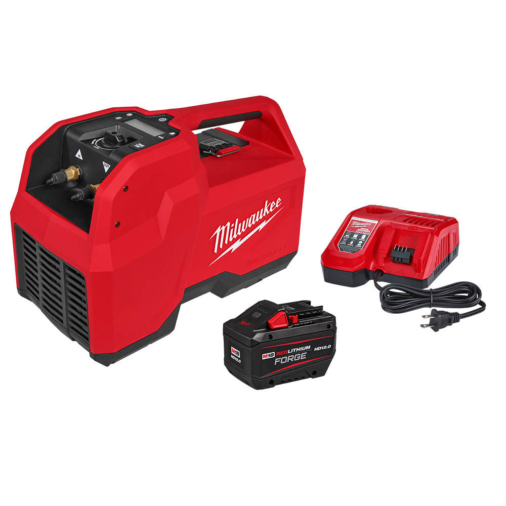 Milwaukee M18 brushless cordless refrigerant recovery machine kit with REDLITHIUM FORGE HD12.0 battery and rapid charger, showing recovery unit with carry handle, digital control panel, brass service ports, and accessories on white background.