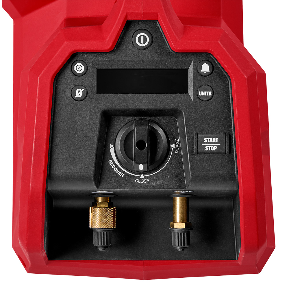 Close-up of Milwaukee M18 brushless refrigerant recovery machine control panel with digital display, rotary function selector labeled recover, close, and purge, start/stop button, units controls, and dual brass service ports for HVAC refrigerant connections.