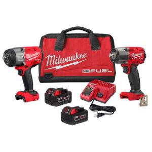 Milwaukee M18 FUEL automotive combo kit showing 1/2 in. high-torque impact wrench and 3/8 in. mid-torque impact wrench with friction rings, two M18 REDLITHIUM XC5.0 batteries, M18/M12 charger, and red Milwaukee contractor tool bag on a white background.