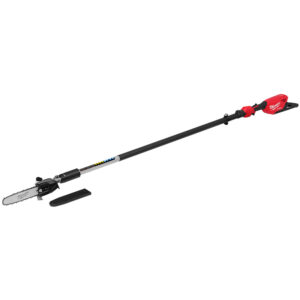 Milwaukee M18 FUEL telescoping pole saw shown on a white background with telescoping shaft partially extended, magnesium cutting head with guide bar and chain, rear motor housing, and protective scabbard.