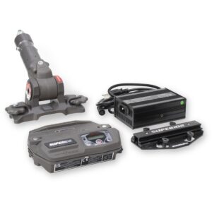 Marshalltown Gen3 MagVibe vibrating float attachment kit with Pro Tilt mount, battery pack, remote control, charger, and QAS mounting plate on a white background.