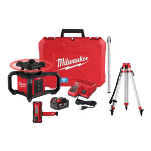 Milwaukee 3701-21T M18 Red Exterior Rotary Laser Level kit displayed with rotating laser unit, protective carrying case, laser receiver, M18 battery pack, multi-voltage charger with power cord, grade rod, and aluminum tripod arranged on a white background.