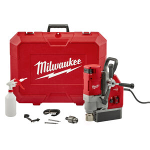 Milwaukee 4272-21 1-5/8 inch electromagnetic drill with red hard carrying case, lubrication spray bottle, chuck key, safety strap, pilot pins, and Weldon chuck adapter displayed on white background