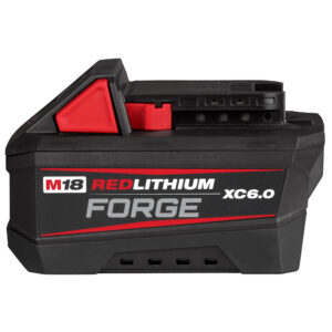 Milwaukee M18 REDLITHIUM FORGE XC6.0 lithium-ion battery pack with black housing, red release latch, side label reading “M18 REDLITHIUM FORGE XC6.0,” and top rail connection interface on a white background.