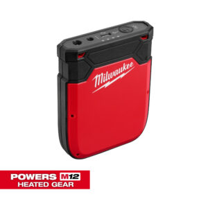 Milwaukee M12 heated gear flat pack power source with compact red housing, power button, and top-mounted USB charging ports on a white background