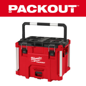 MILWAUKEE 48-22-8423 PACKOUT XL Tool Box product image showing the extra-large modular tool box with metal-reinforced handle, heavy-duty latches, and impact-resistant construction on a white background.