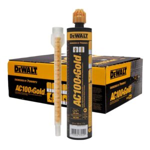 DeWALT Powers AC100+ Gold vinylester anchoring adhesive cartridge with static mixing nozzle displayed in front of AC100+ Gold branded box packaging, showing black and yellow labeling, product certifications, and 280 ml cartridge size on a white background.