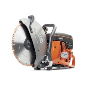 Husqvarna K770 14-inch gas power cutter saw with diamond blade, front blade guard, wraparound handle, and orange engine housing shown on white background