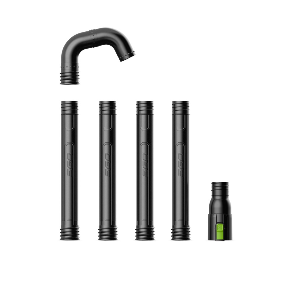 EGO AGC1000 gutter cleaning attachment laid out with four straight extension tubes, curved elbow section, and blower connector on white background