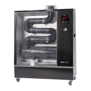 REX NORDIC AH210i infrared diesel heater on wheels with front protective grille, visible internal heat tubes, digital control panel with temperature display, WiFi badge on side panel, and heavy-duty caster wheels, front view on white background.
