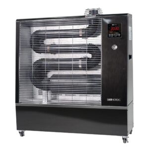 REX NORDIC AH310i infrared diesel heater on wheels with front protective grille, visible radiant heat tubes, digital temperature control panel, WiFi badge on side panel, black steel cabinet, and heavy-duty caster wheels, front view on white background.