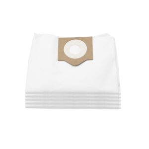 Five white disposable dust bags with cardboard collar for EGO WDV0300 3-gallon wet/dry vacuum, stacked on white background
