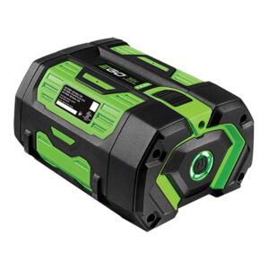 EGO 56V Power+ 7.5Ah ARC Lithium battery BA4200T with built-in fuel gauge button, black and green rugged housing, shown on white background at angled side view.