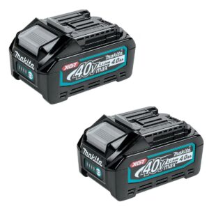 Two Makita XGT 40V max 4.0Ah lithium-ion batteries shown on a white background with integrated LED fuel gauge, reinforced housing, and slide-on rail design visible.