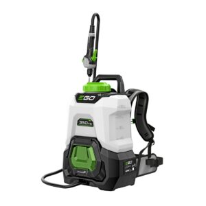 EGO BSP3500 56V Power+ 4-gallon backpack sprayer with wand, adjustable pressure control, and translucent tank showing fill levels