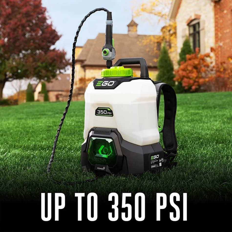EGO BSP3500 56V Power+ 4-gallon backpack sprayer on grass with flexible spray wand, 350 PSI cordless sprayer