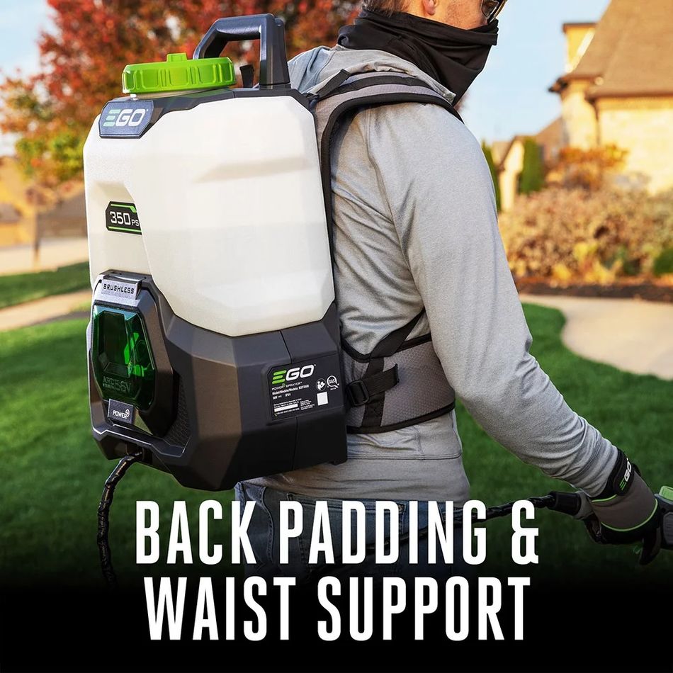 Person wearing the EGO 56V 4-gallon backpack sprayer with padded shoulder straps and waist belt, showing ergonomic back padding and support during lawn spraying.