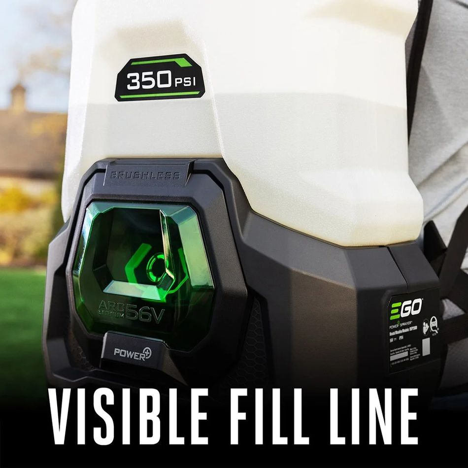 Close-up of the EGO 56V backpack sprayer showing the translucent tank with visible fill level and the battery housing below the 350 PSI label.