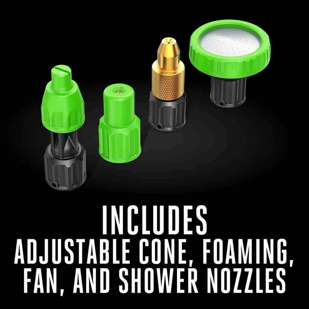 Four spray nozzles for the EGO 56V backpack sprayer, including adjustable cone, foaming, fan, and shower nozzles shown on a black background.