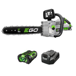 EGO CS1611 56V cordless chainsaw with 16 inch bar and chain, brushless motor housing, front hand guard, 2.5Ah ARC Lithium battery and standard charger on white background