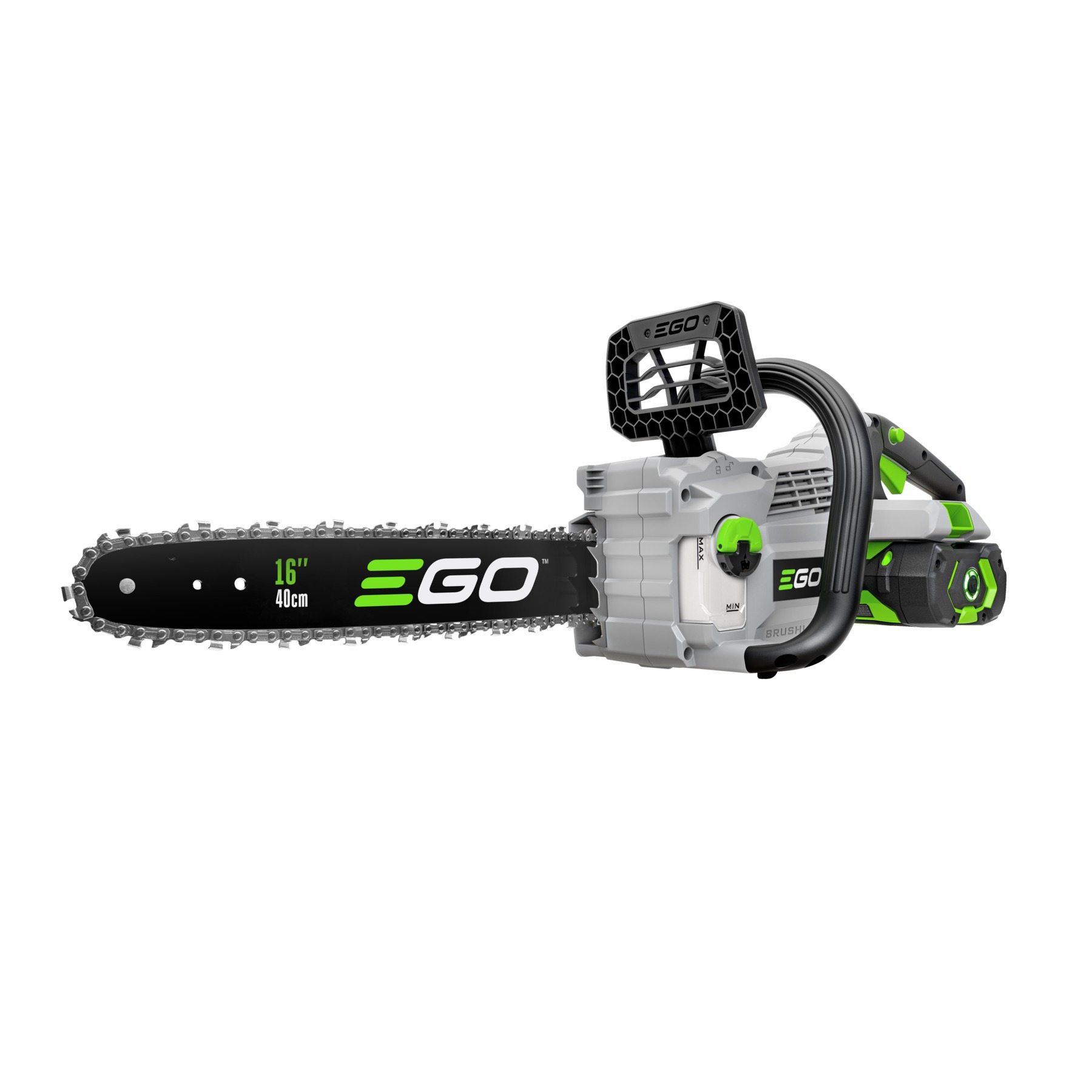 EGO CS1611 56V cordless chainsaw side view showing 16 inch bar and chain, front hand guard, wrap handle and oil reservoir filler cap on white background