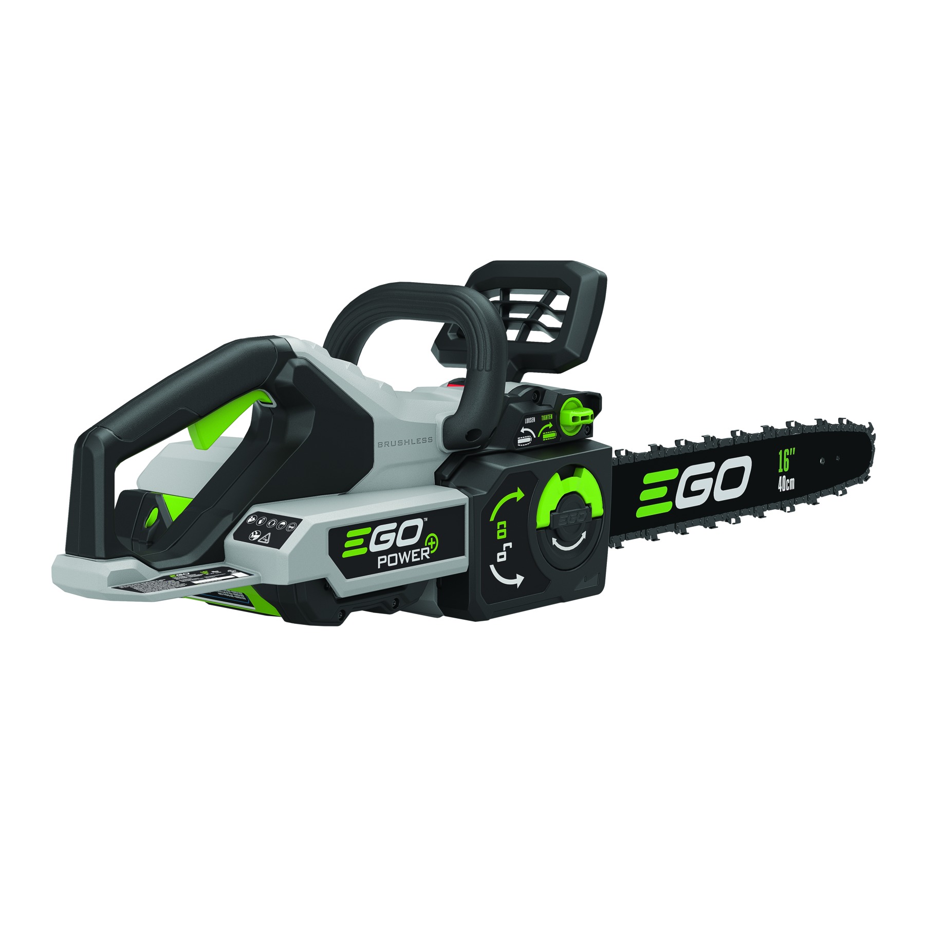 EGO CS1611 56V cordless chainsaw angled rear view showing tool free chain tension dial, front hand guard, rear handle and 16 inch bar and chain on white background