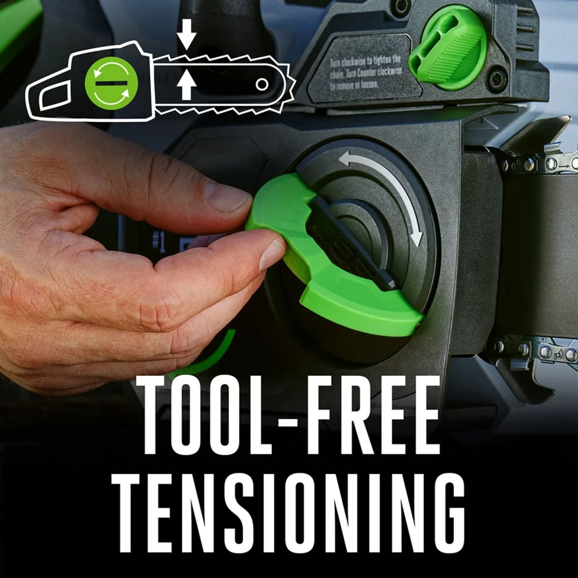 Close-up of EGO CS1611 chainsaw tool-free chain tensioning dial being adjusted by hand with chain and bar visible