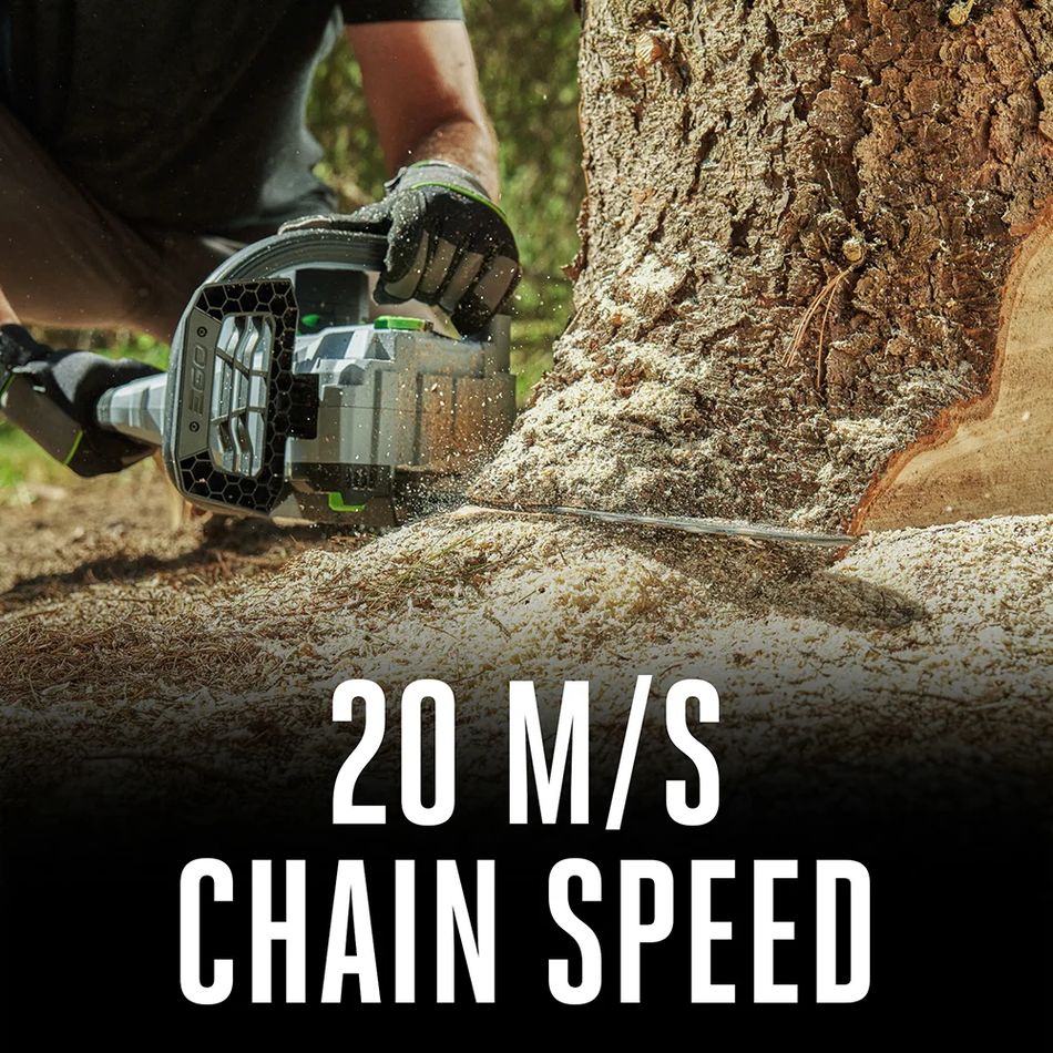EGO CS1611 cordless chainsaw cutting through tree trunk with wood chips flying, showing 20 m/s chain speed performance