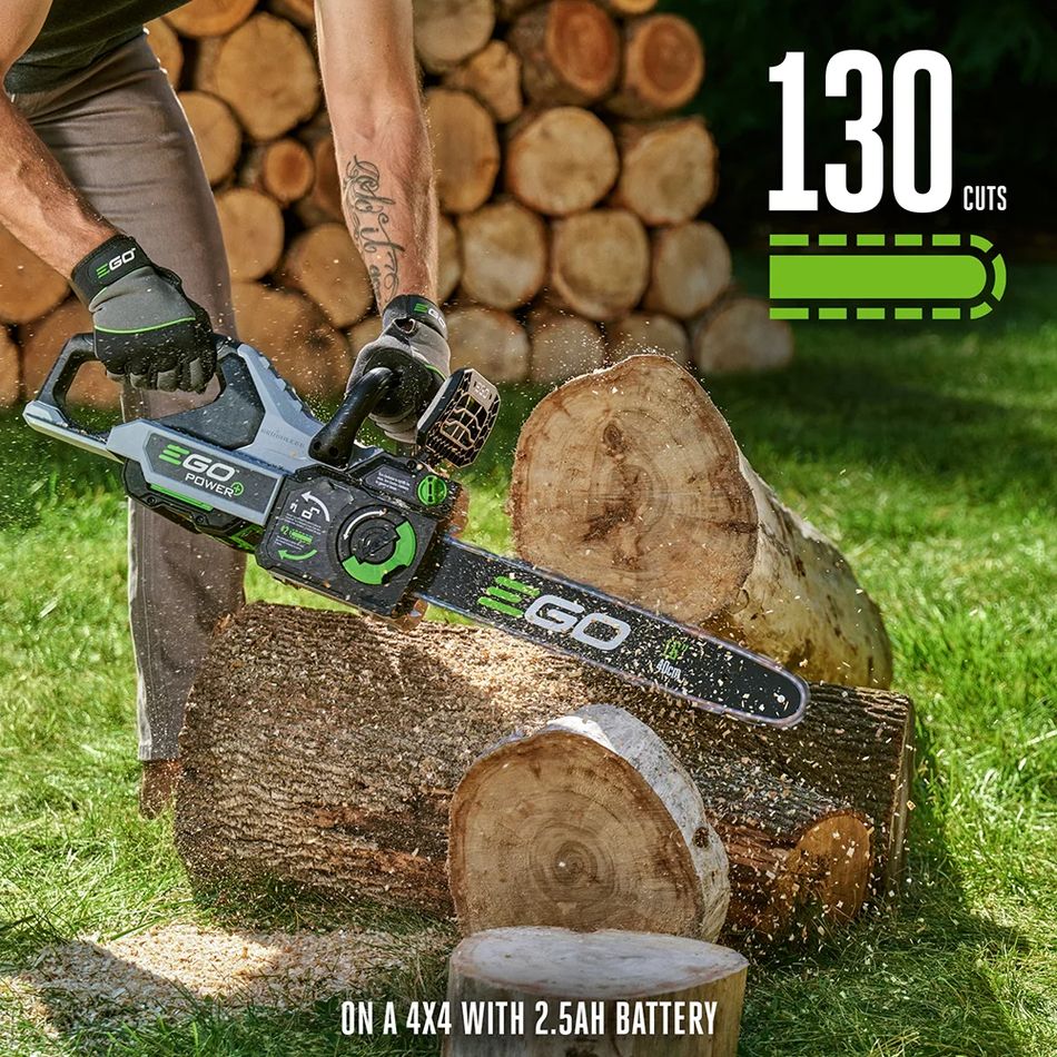 EGO CS1611 cordless chainsaw cutting stacked firewood logs, demonstrating up to 130 cuts on a 4x4 with 2.5Ah battery
