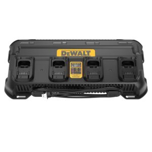 DEWALT DCB1404 four port multi battery charger with four charging bays, wall mount housing, integrated power cord, and front label showing 12V MAX, 20V MAX, and FLEXVOLT compatibility on white background
