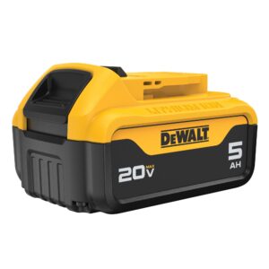 Angled view of DEWALT 20V MAX 5Ah lithium-ion battery on white background, showing “DEWALT,” “20V MAX,” and “5Ah” labeling, molded “Lithium Ion” housing, yellow casing, black base, and slide-on rail interface.
