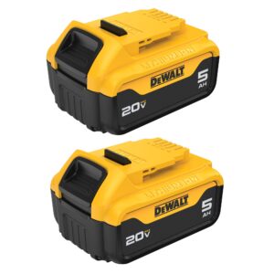 Two DEWALT 20V MAX 5Ah lithium-ion batteries shown in angled view on white background, displaying “DEWALT,” “20V MAX,” and “5Ah” labeling, molded “Lithium Ion” housing, yellow casings, and black bases.