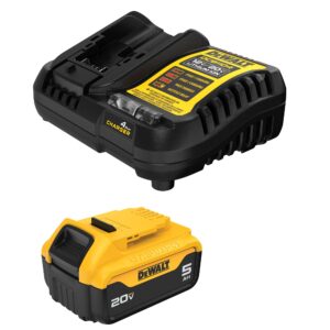 DEWALT 20V MAX 5Ah battery and battery charger shown together on white background, displaying slide-on lithium-ion battery with “20V MAX” and “5Ah” labeling alongside DEWALT compact charger with indicator lights and charging bay.