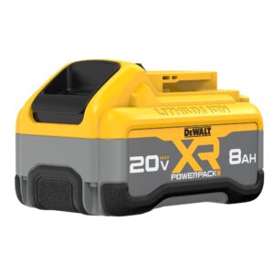 DEWALT DCB2108 20V MAX XR Powerpack 8Ah lithium ion battery pack in yellow and grey housing, showing molded grip base, slide-on tool interface, and printed “20V MAX XR Powerpack 8Ah” branding on the side.