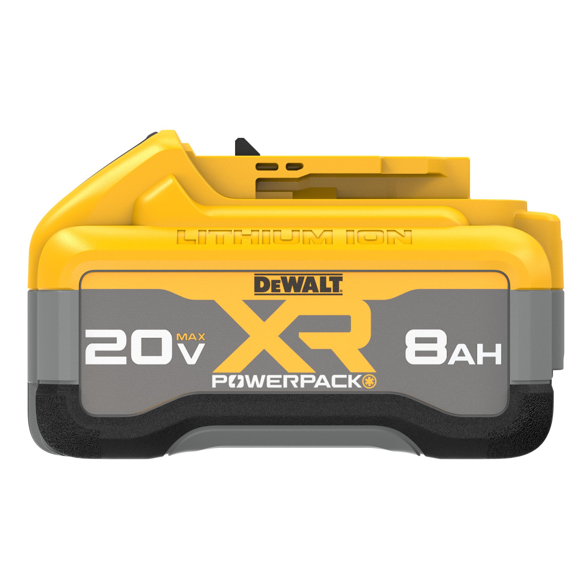 Side profile of DEWALT DCB2108 20V MAX XR Powerpack 8Ah lithium ion battery, showing yellow housing with embossed “Lithium Ion” text, grey base with rubberized impact protection, slide rail connector, and printed “20V MAX XR Powerpack 8Ah” branding.