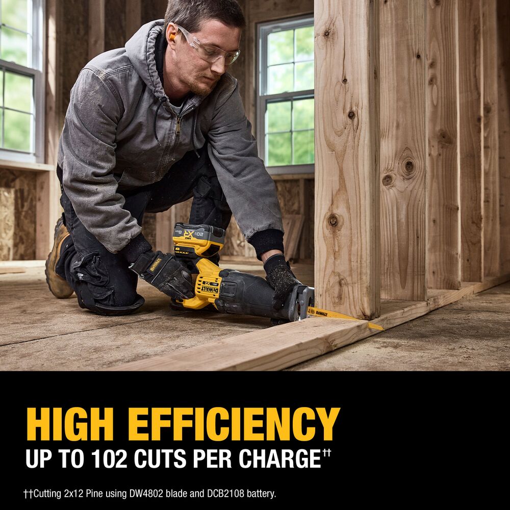 Worker kneeling inside a wood-framed structure using a DEWALT cordless reciprocating saw to cut a wall bottom plate during framing work, with visible wall studs, construction debris, and on-image text reading “High Efficiency” and “Up to 1,025 shots per charge.”