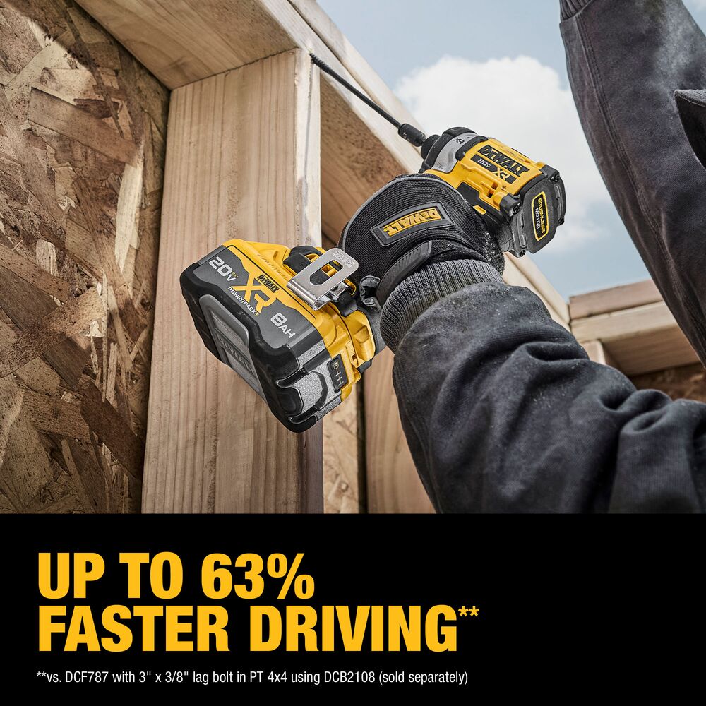 Worker driving a fastener into wood framing with a DEWALT cordless impact driver powered by a DEWALT XR battery, showing overhead fastening in a framed structure and on-image text reading “Up to 63% faster driving,” with visible lumber studs and jobsite background.
