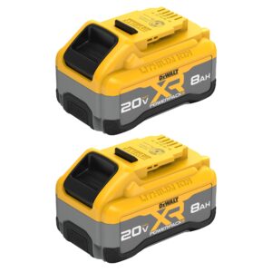 Two DEWALT DCB2108 20V MAX XR Powerpack 8Ah lithium ion batteries shown in stacked product view, displaying yellow and grey housings, slide-on tool interfaces, molded rubber bases, and visible “20V MAX XR Powerpack 8Ah” branding on each battery.
