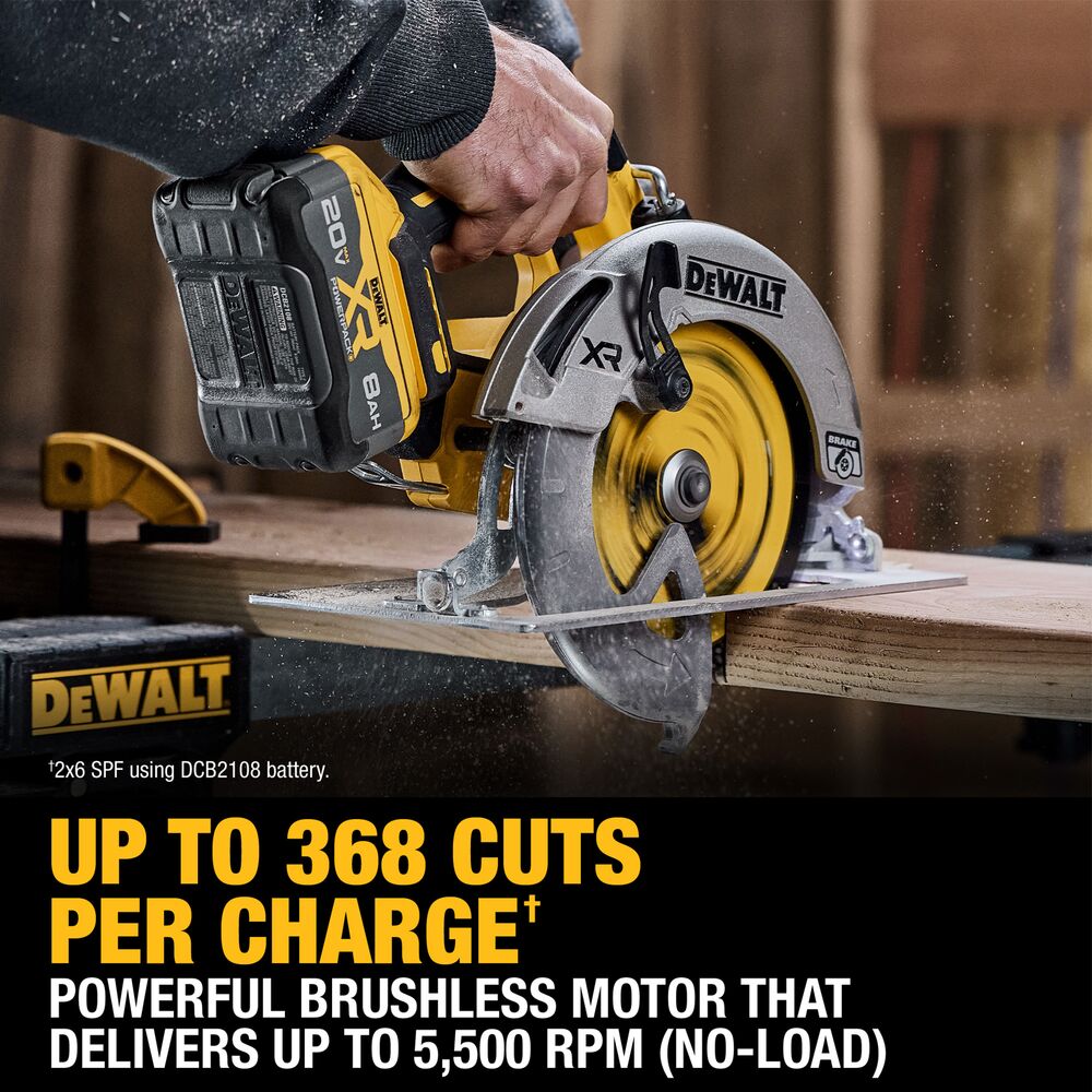 DEWALT cordless circular saw cutting through lumber with a DEWALT DCB2108 20V MAX XR Powerpack 8Ah battery installed, showing active cutting action and on-image text reading “Up to 368 cuts per charge” and “Powerful brushless motor delivers up to 5,500 RPM,” in a workshop setting with visible sawdust.