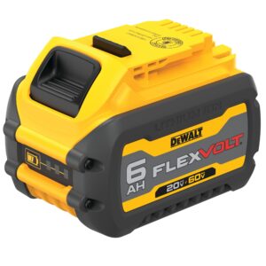 DEWALT DCB606 FLEXVOLT 6Ah lithium ion battery pack shown in angled front view, featuring yellow and black housing, integrated LED state of charge indicator, slide-on tool interface, ventilation channels, and visible “6Ah FLEXVOLT 20V MAX / 60V MAX” branding on the side.