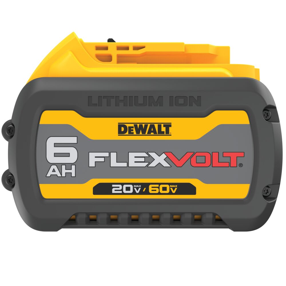 Side profile of DEWALT DCB606 FLEXVOLT 6Ah lithium ion battery showing yellow and black housing, embossed “Lithium Ion” text, reinforced casing, ventilation slots, and printed “6Ah FLEXVOLT 20V MAX / 60V MAX” branding on the label.