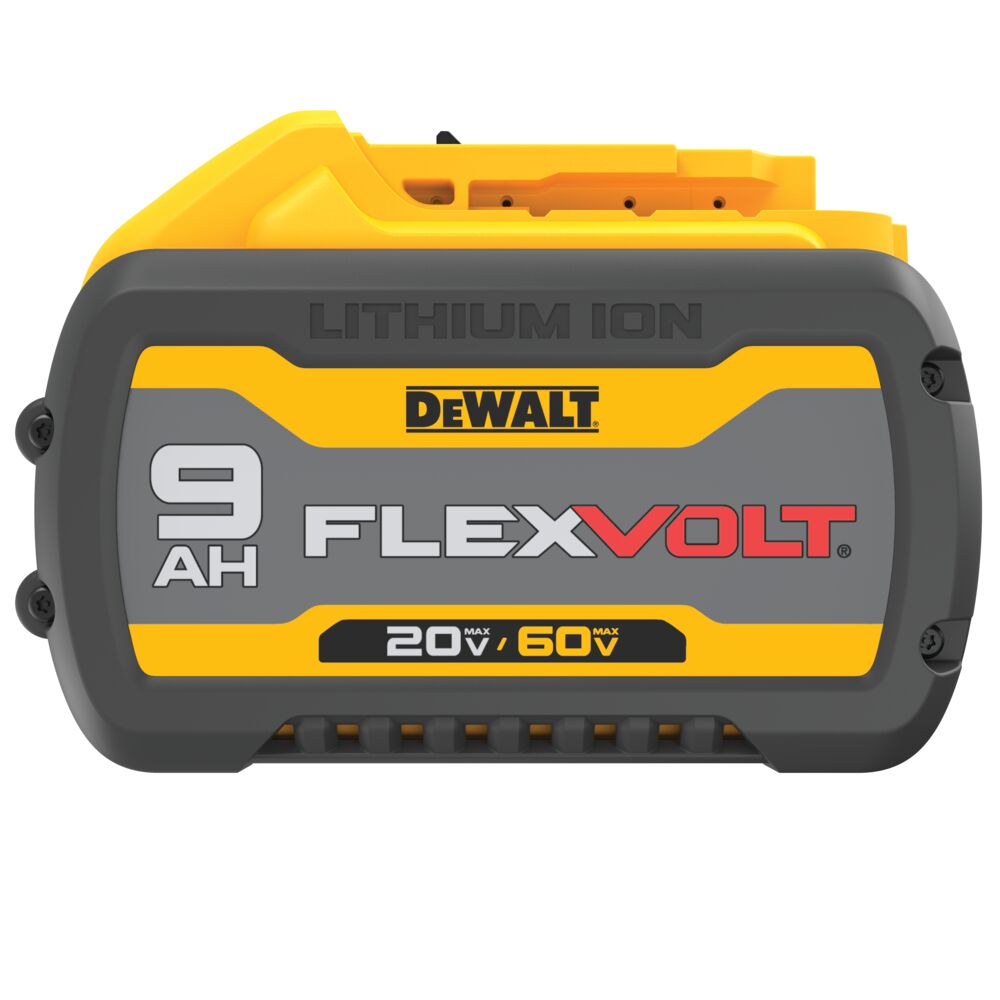 Side view of DEWALT FLEXVOLT 20V/60V MAX 9.0Ah lithium-ion battery pack on a white background, showing FLEXVOLT branding, 9Ah capacity marking, dual-voltage label, rugged housing contours, and integrated LED charge indicator.