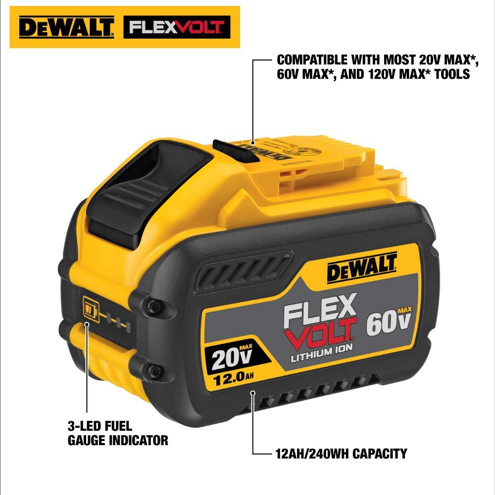 DEWALT FLEXVOLT 20V/60V MAX 9.0Ah battery pack shown with callout graphics highlighting dual-voltage automatic switching, high energy capacity, rugged housing design, and compatibility with 20V, 60V, and 120V DEWALT tools.