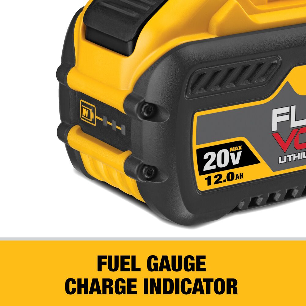 Close-up of DEWALT FLEXVOLT 20V/60V MAX 9.0Ah battery showing the integrated fuel gauge LED charge indicator on the battery housing, highlighting quick visual charge status and rugged exterior design.