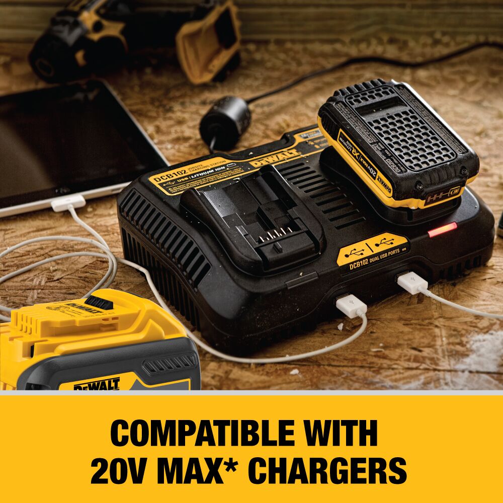 DEWALT FLEXVOLT battery partially visible in the foreground beside a DEWALT 20V MAX battery charging on a charger, with on-image text stating “Compatible with 20V MAX Chargers,” illustrating charger compatibility and cross-platform battery support.