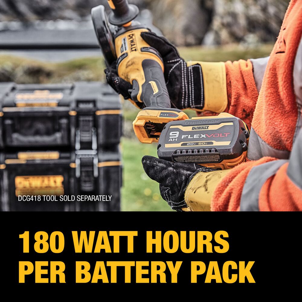 DEWALT FLEXVOLT battery powering a cordless grinder during metal grinding, with on-image text stating “180 Watt Hours Per Battery Pack,” illustrating high energy capacity, sustained power output, and heavy-duty jobsite performance.