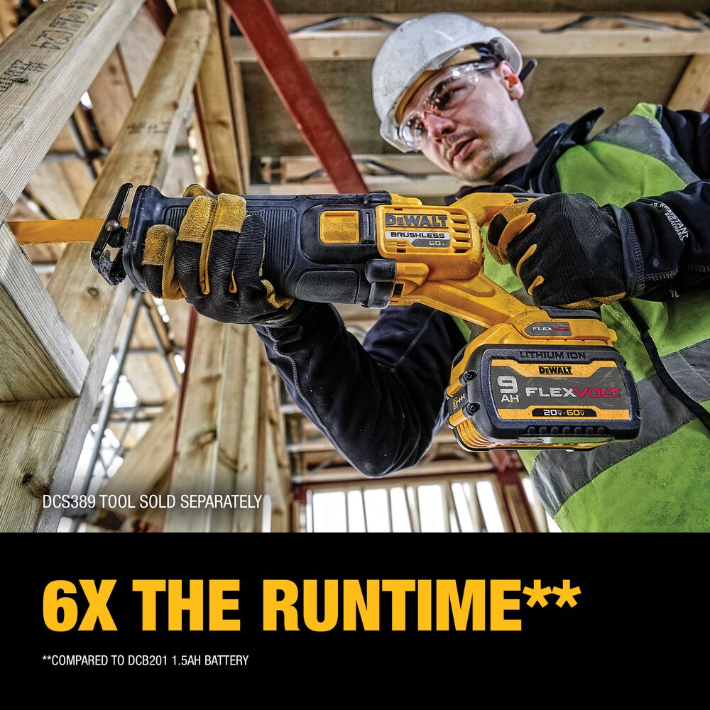 DEWALT FLEXVOLT battery powering a cordless reciprocating saw cutting in a construction environment, with on-image text stating “6X the Runtime,” illustrating extended runtime performance, sustained cutting power, and reduced battery change frequency on the jobsite.
