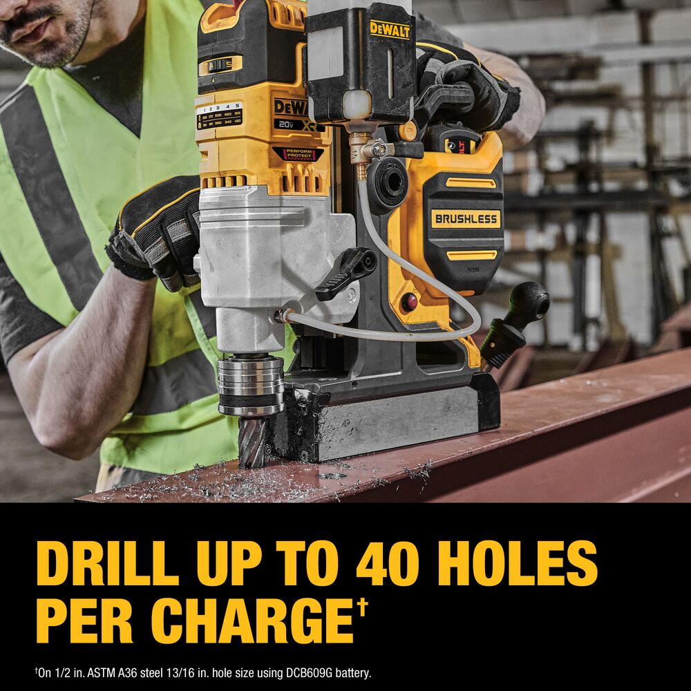 DEWALT FLEXVOLT battery powering a magnetic drill drilling into steel, with on-image text stating “Drill Up to 40 Holes Per Charge,” illustrating high productivity, extended runtime, and heavy-duty metal drilling performance in an industrial jobsite setting.